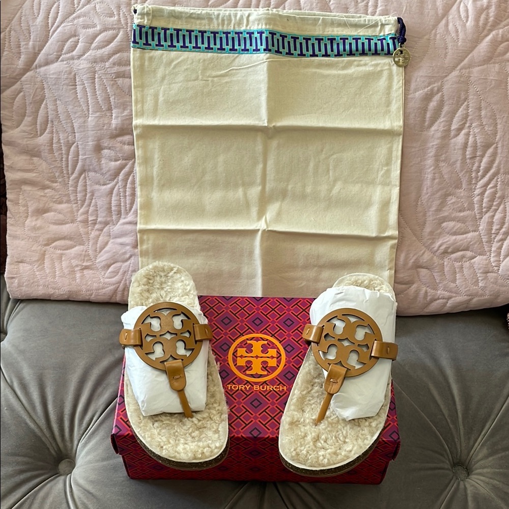 Tory Burch Tan Shearling Slides